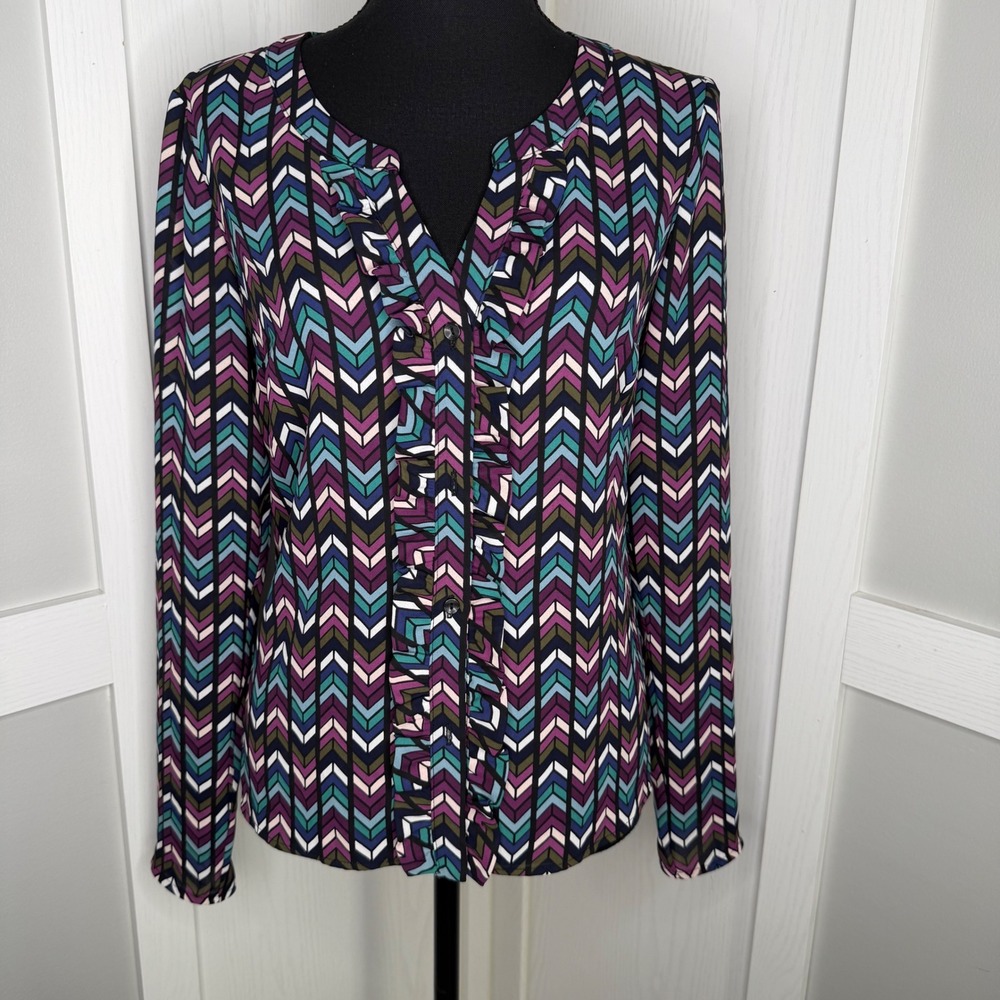 Candies Ruffle Front Blouse Womens Sm Multicolor Chevron Geometric Long Sleeve